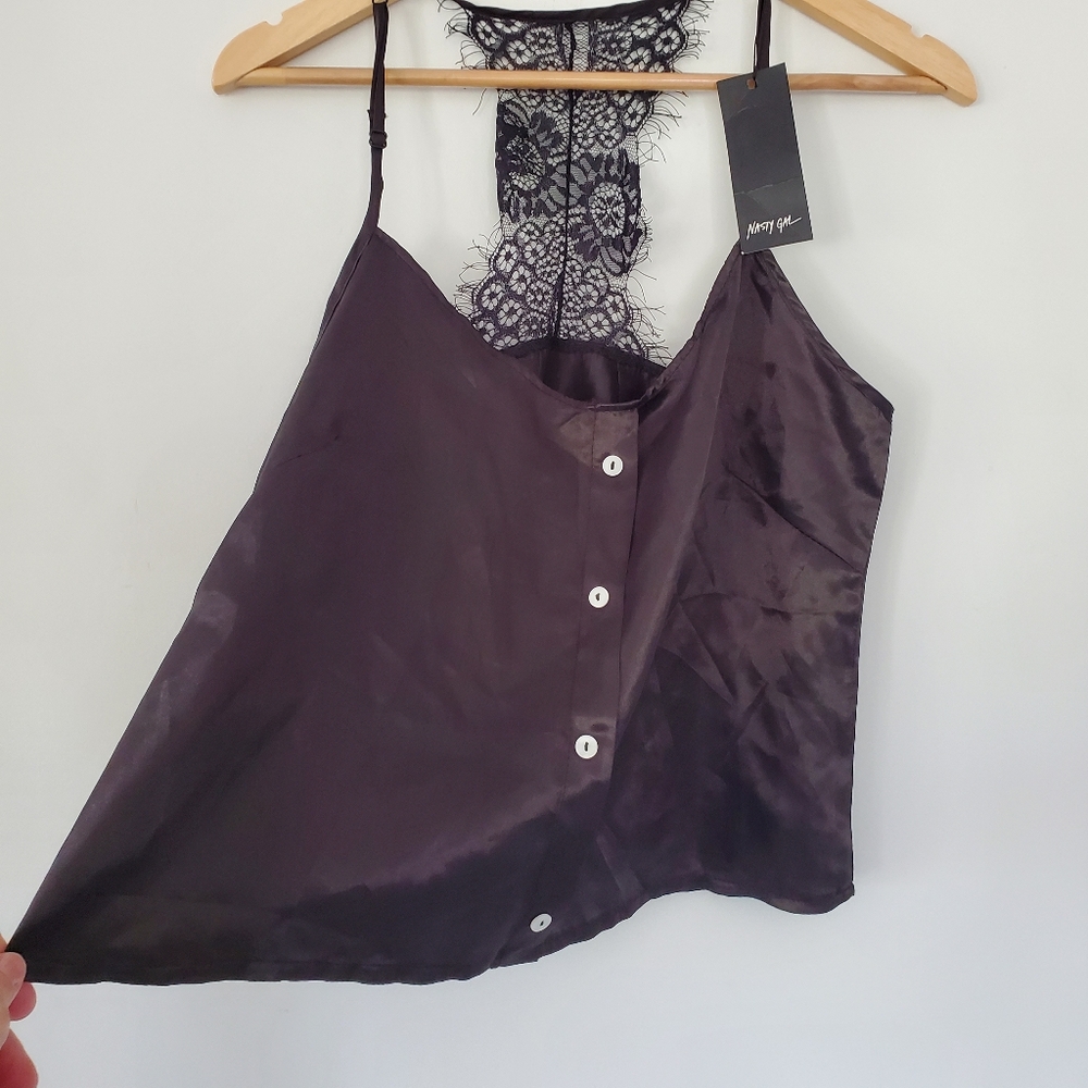 NWT NASTY GAL Sz M Black Silky Cami Top Spaghetti Straps Eyelash Lace T-Back Y2K - Picture 8 of 16